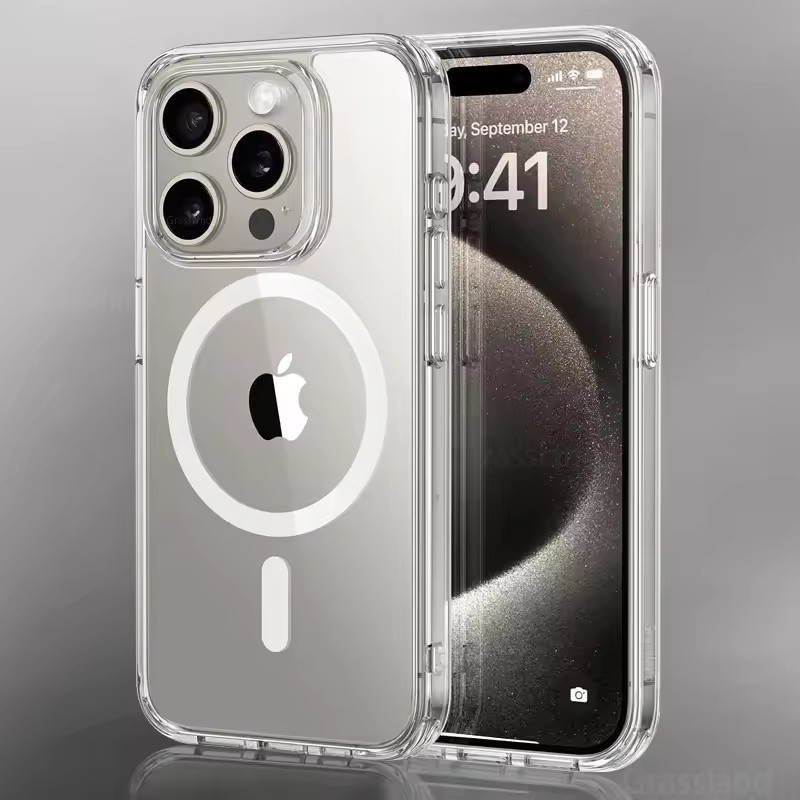 Luxury Magnetic Wireless Charge For Magsafe Case for iPhone  Back Cover Transparent Case