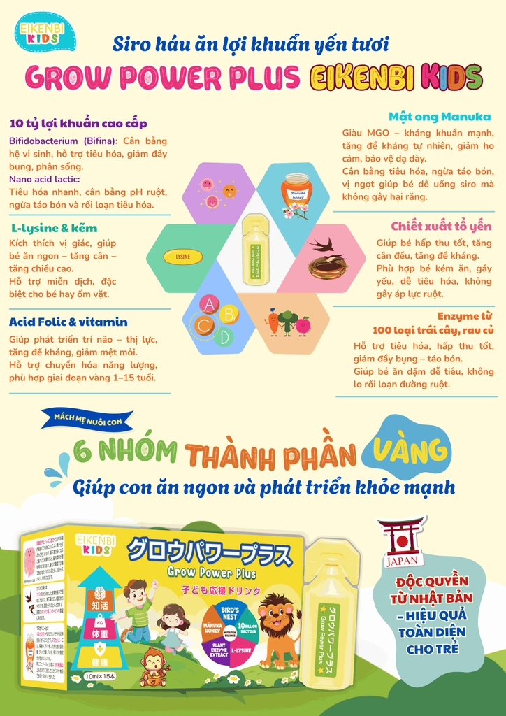 Siro Háu Ăn Lợi Khuẩn Yến Tươi Grow Power Plus Eikenbi Kids [Hộp 15 ống]