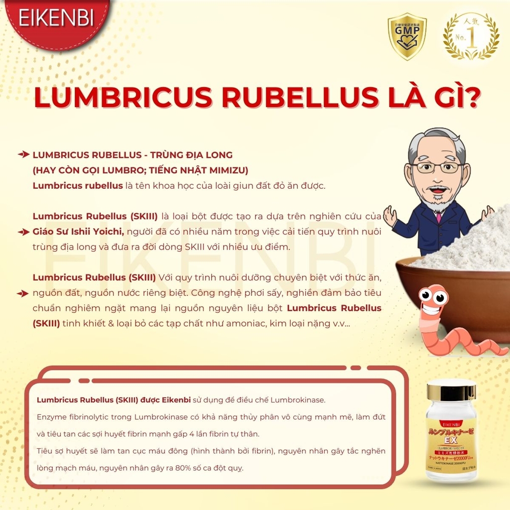 Viên Uống Lumbrokinase EX Eikenbi Tan Cục Máu Đông & Chống Đột Quỵ [60 viên]