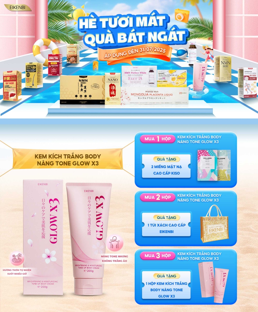 Kem Kích Trắng Body Nâng Tone Glow X3 Eikenbi 200gr