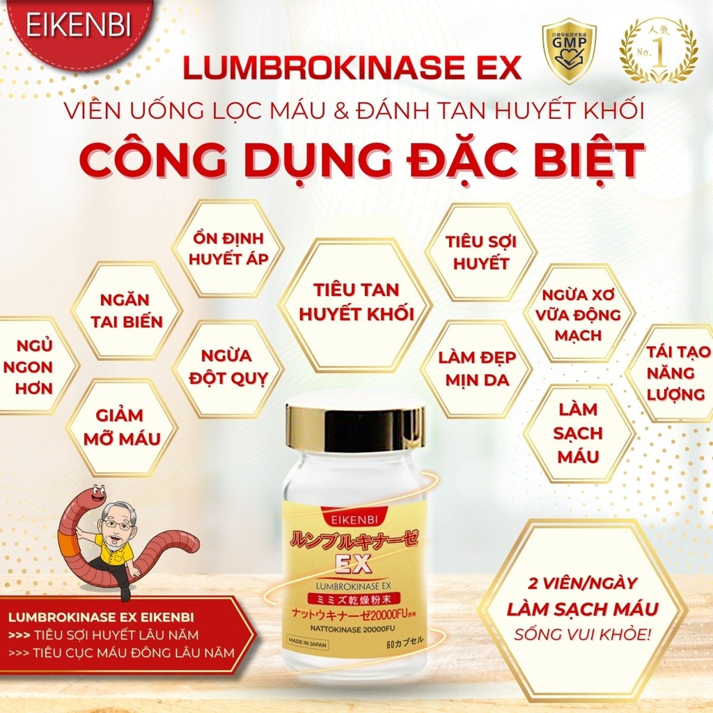 Viên Uống Lumbrokinase EX Eikenbi Tan Cục Máu Đông & Chống Đột Quỵ [60 viên]