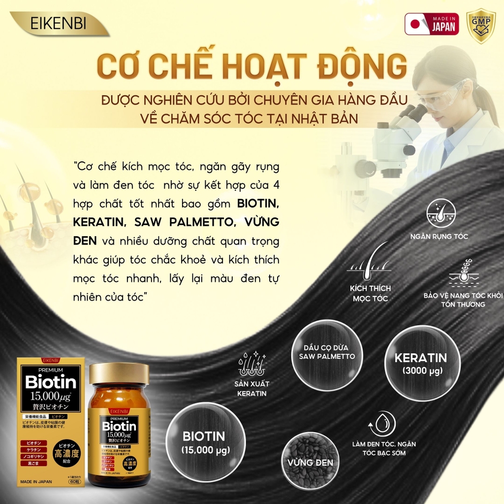 Viên Uống Mọc Tóc & Đen Tóc Black Grow Up Maximum Biotin 15,000µg Eikenbi [60 viên]