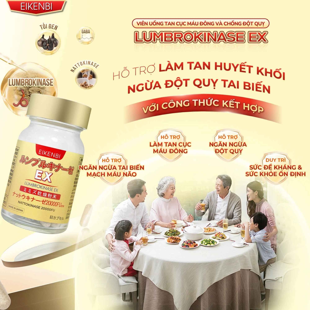 Viên Uống Tan Cục Máu Đông & Chống Đột Quỵ Lumbrokinase EX Eikenbi [60 viên - Date: Tháng 06/2026]