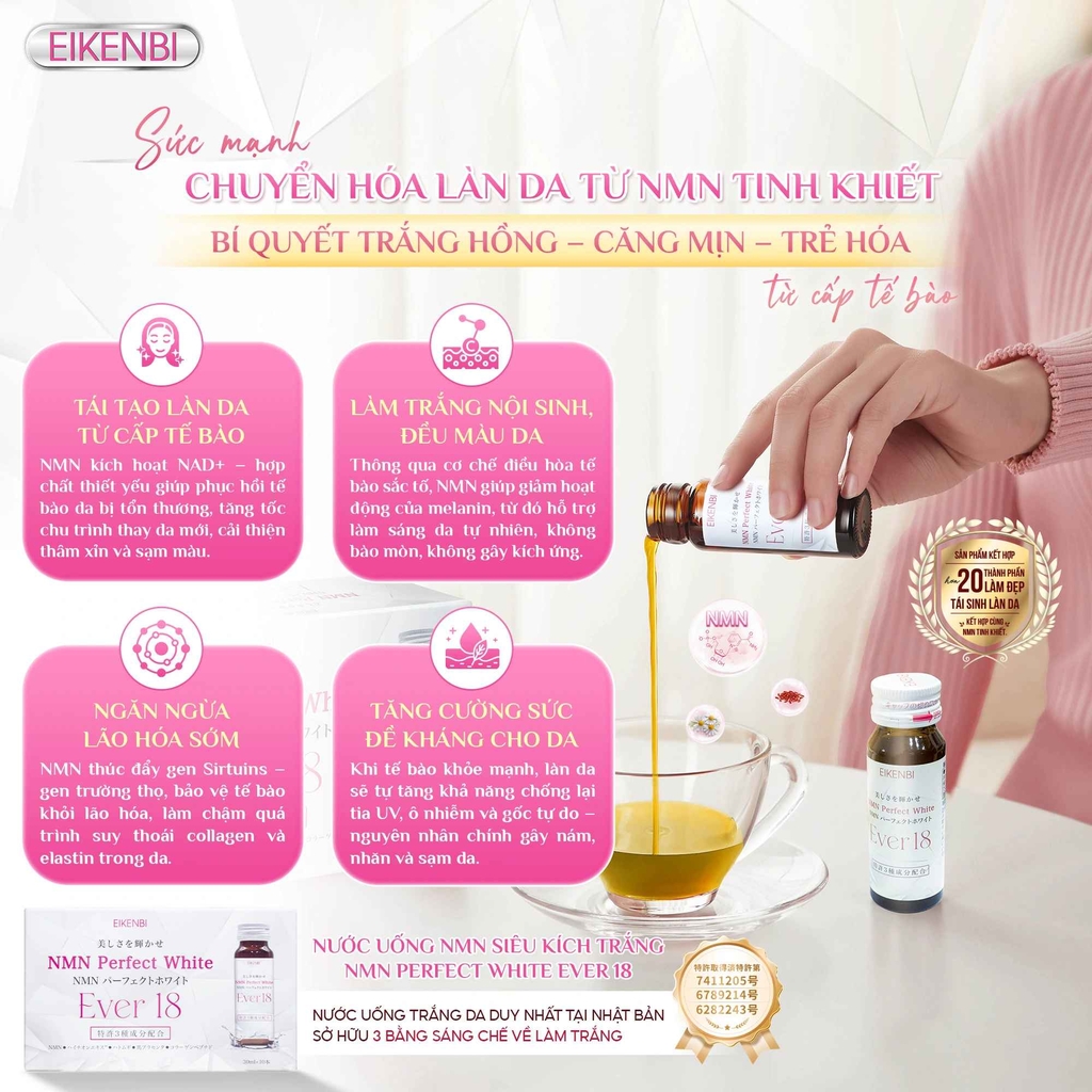 Nước Uống NMN Siêu Kích Trắng NMN Perfect White Ever 18 Eikenbi [10 Chai x 30ml]