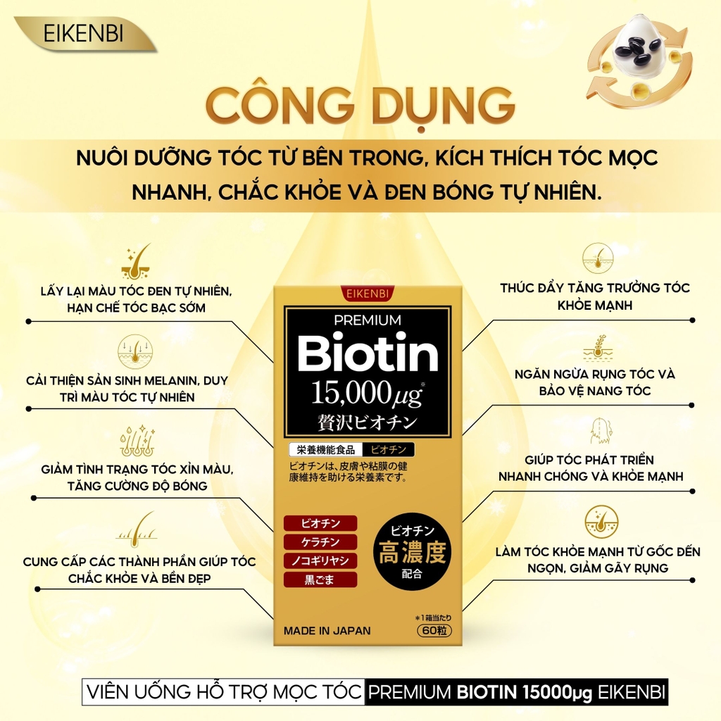 Viên Uống Mọc Tóc & Đen Tóc Black Grow Up Maximum Biotin 15,000µg Eikenbi [60 viên]