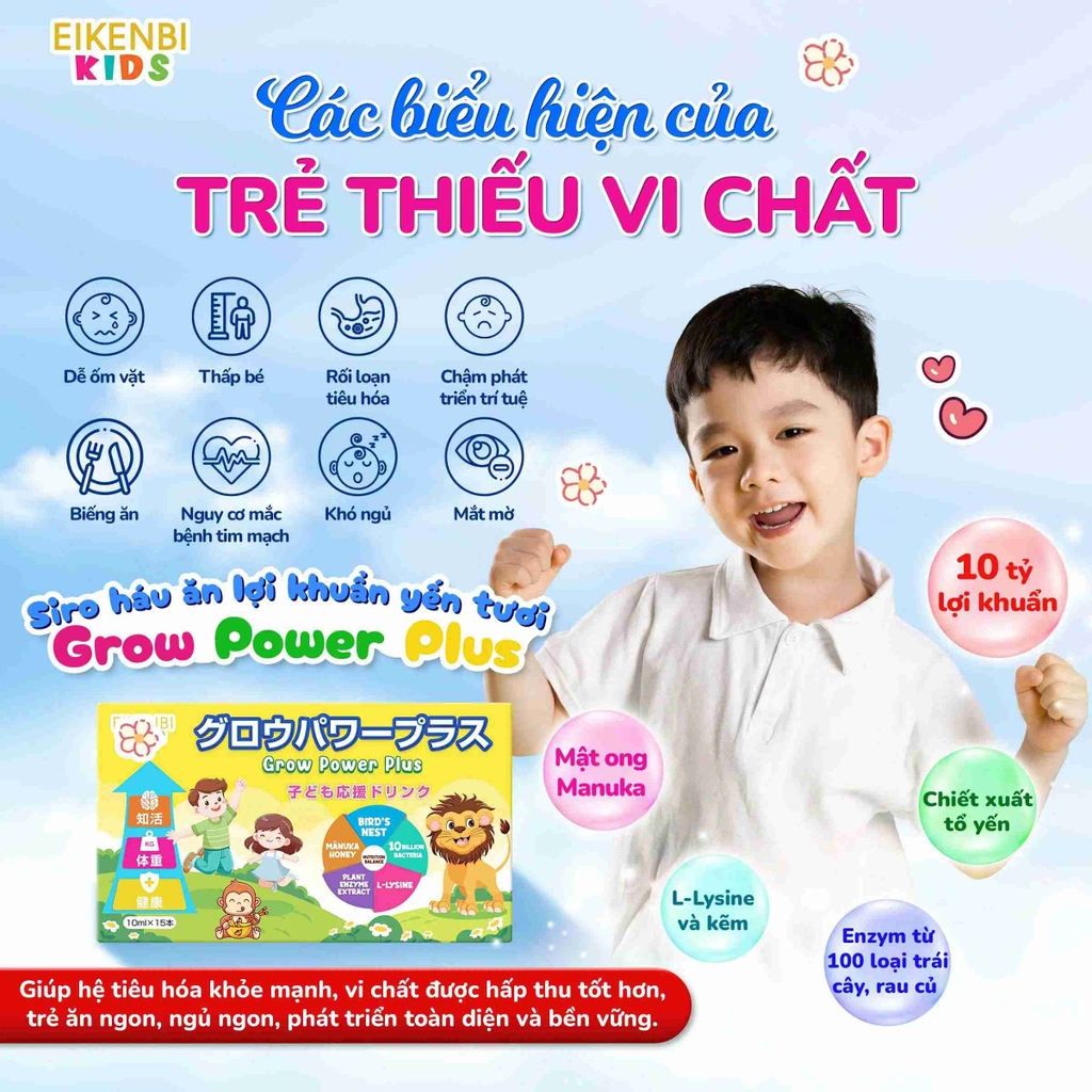 Siro Háu Ăn Lợi Khuẩn Yến Tươi Grow Power Plus Eikenbi Kids [Hộp 15 ống]