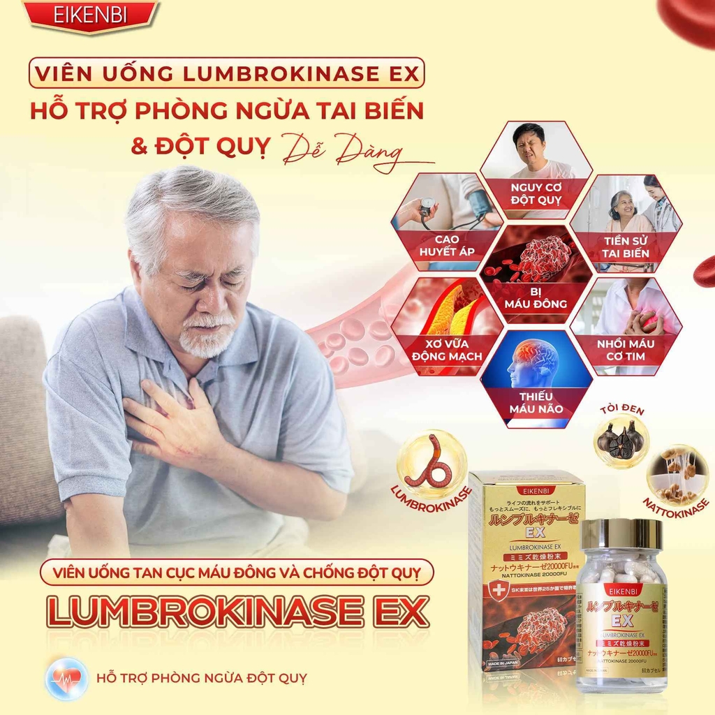 Viên Uống Tan Cục Máu Đông & Chống Đột Quỵ Lumbrokinase EX Eikenbi [60 viên - Date: Tháng 06/2026]