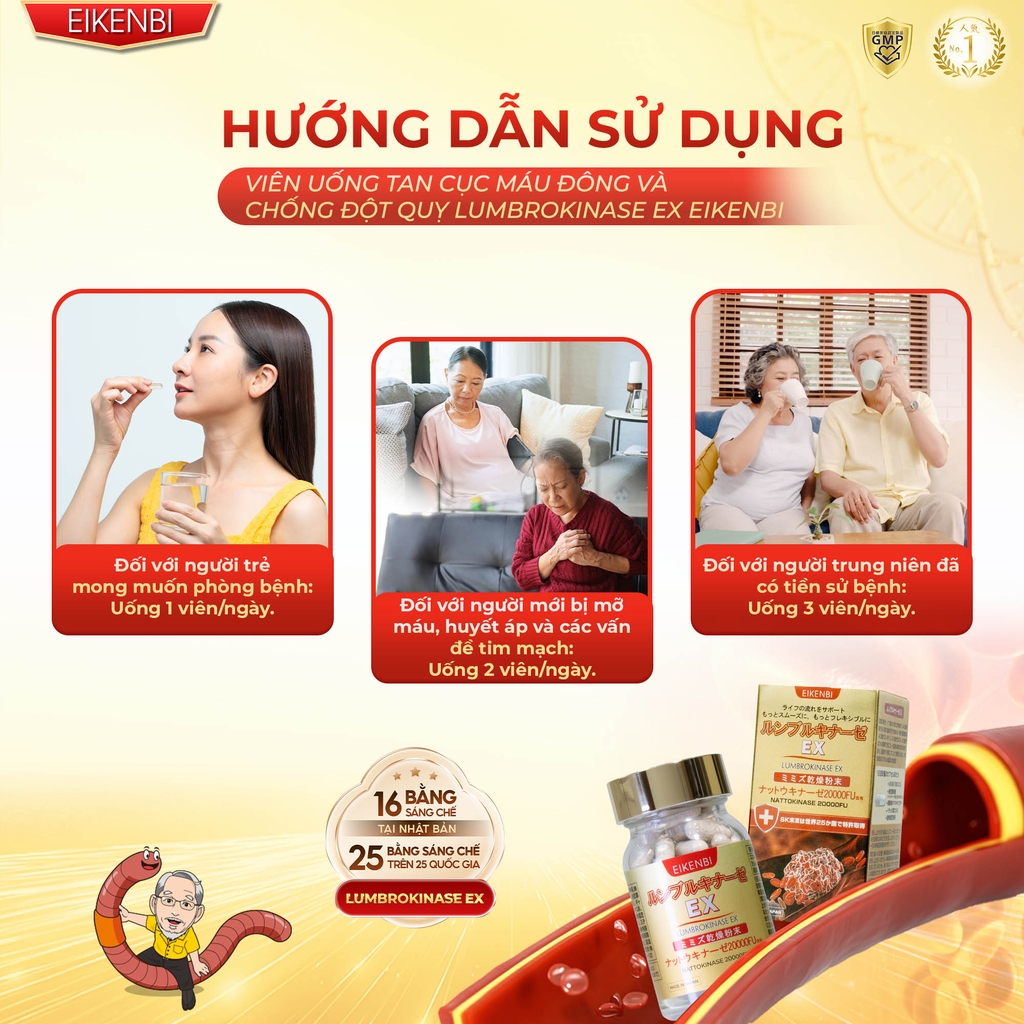 Viên Uống Tan Cục Máu Đông & Chống Đột Quỵ Lumbrokinase EX Eikenbi [60 viên - Date: Tháng 06/2026]