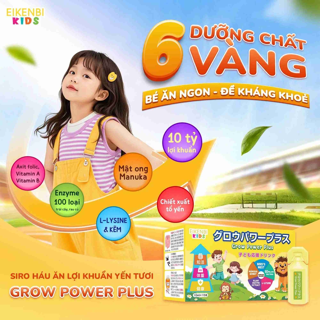 Siro Háu Ăn Lợi Khuẩn Yến Tươi Grow Power Plus Eikenbi Kids [Hộp 15 ống]