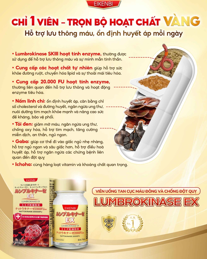 Viên Uống Tan Cục Máu Đông & Chống Đột Quỵ Lumbrokinase EX Eikenbi [60 viên - Date: Tháng 06/2026]