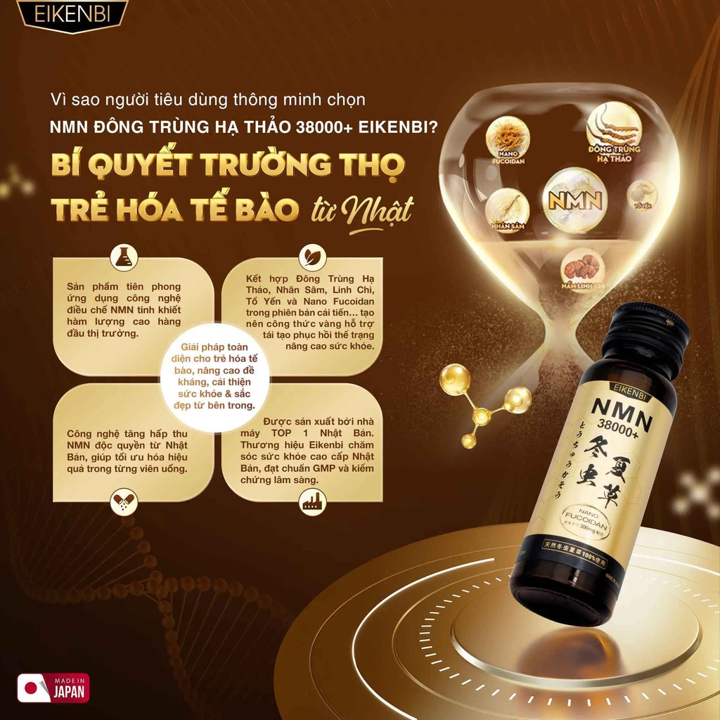 Nước Uống NMN Đông Trùng Hạ Thảo 38000+ Eikenbi [Hộp 10 lọ 50ml]