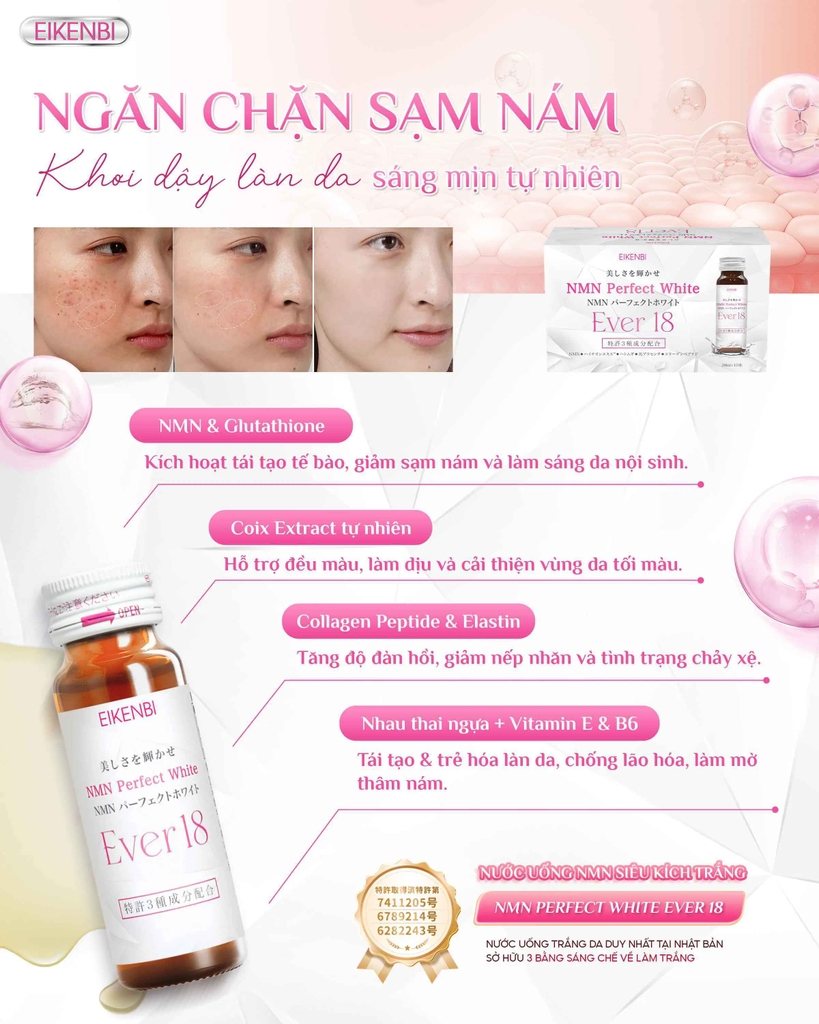 Nước Uống NMN Siêu Kích Trắng NMN Perfect White Ever 18 Eikenbi [10 Chai x 30ml]