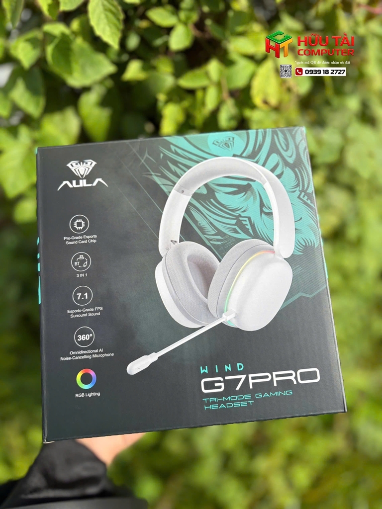 Tai Nghe Gaming Không Dây AULA G7 Pro Black (Âm Thanh Vòm 7.1, Mic Chống Ồn AI, Đèn RGB)