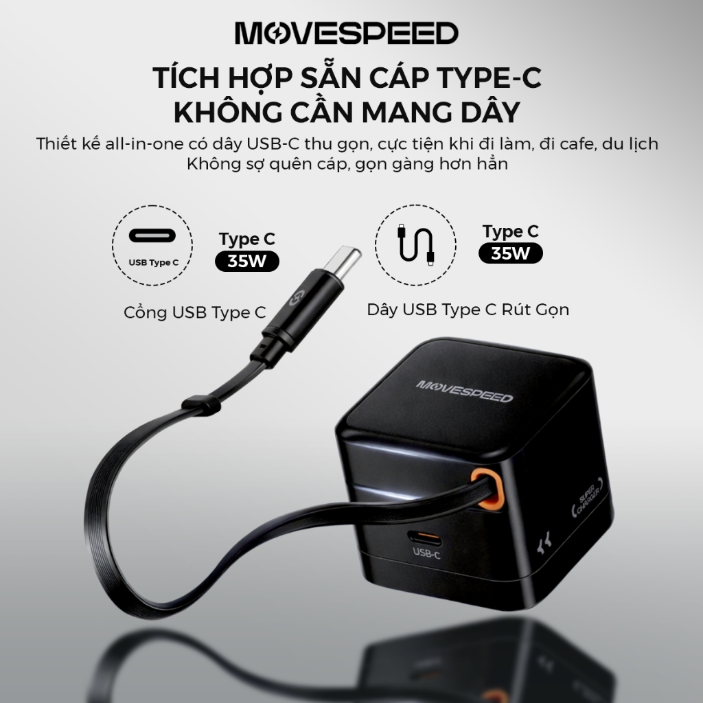 CỦ SẠC NHANH MOVESPEED MSA03 35W, GAN, TÍCH HỢP TYPE C, ĐEN