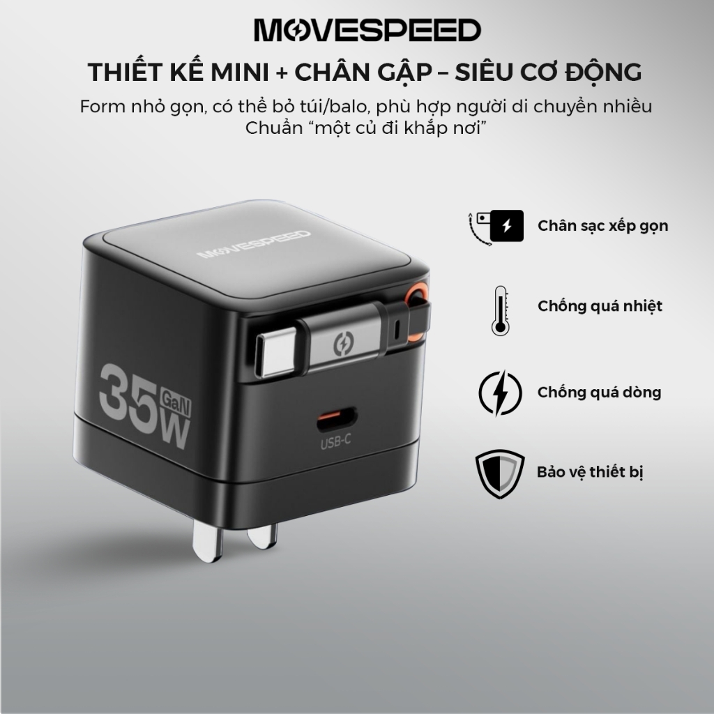 CỦ SẠC NHANH MOVESPEED MSA03 35W, GAN, TÍCH HỢP TYPE C, ĐEN