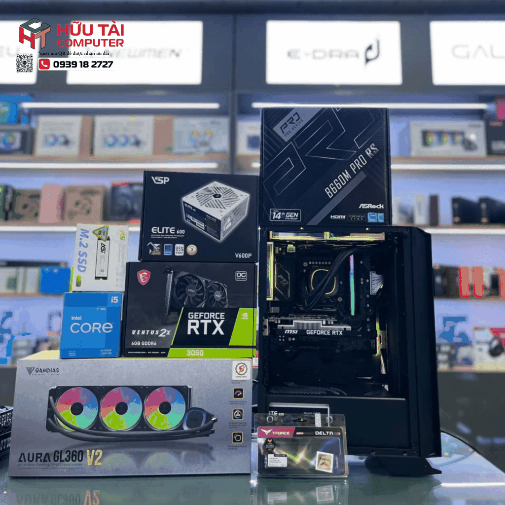 FULL PC GAMING HTC GAMING SEGOTEP SG-SR1 (  MAIN ASROCK B660M PRO, i5-12400F  ,Team T-Force Delta TUF Gaming Alliance 8GB , AGI AI198 256G NVME , VSP Elite Active PFC V600P, MSI GeForce RTX 3050 VENTUS 2X 6G OC, AIO AURA GL360 V2 BLACK GAMDIAS , Vỏ case Segotep SG-SR1, SAMSUNG LS27C360EAEXXV   )