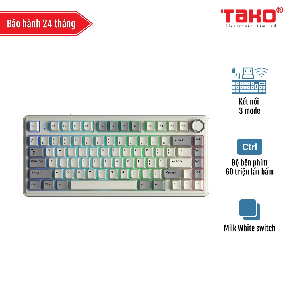 Bàn phím cơ gaming 3 mode AULA F75 xám trăng, Milk White switch (8362)