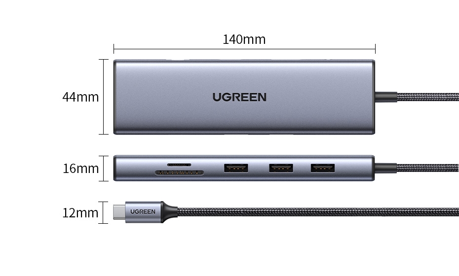 Hub USB Type-C 10 in 1 Ugreen 15601 CM498 1x HDMI 4k30Hz, VGA FullHD, 3x USB 3.0, Lan 1Gbps, 3.5mm, SD/TF, Sạc PD 100W