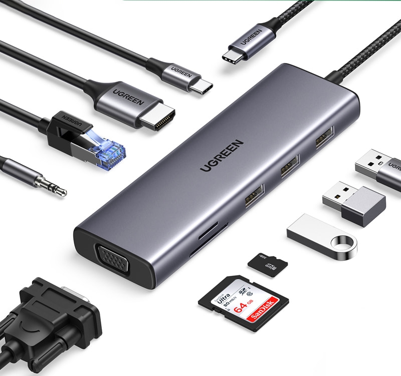 Hub USB Type-C 10 in 1 Ugreen 15601 CM498 1x HDMI 4k30Hz, VGA FullHD, 3x USB 3.0, Lan 1Gbps, 3.5mm, SD/TF, Sạc PD 100W