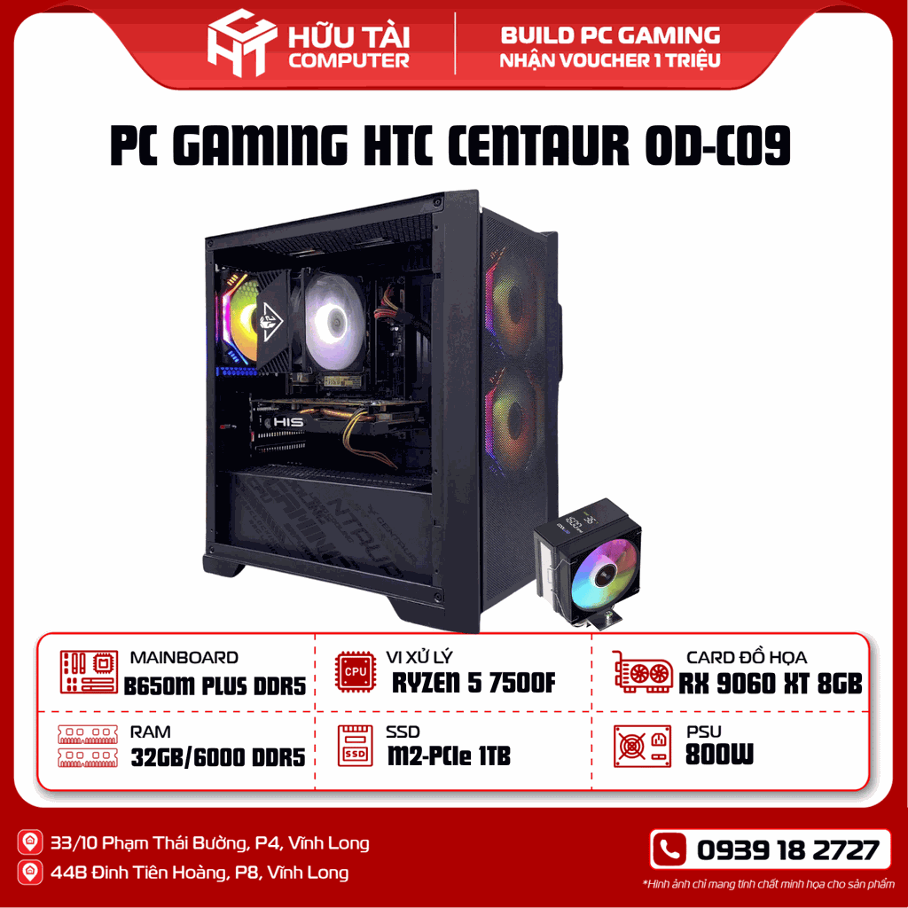 PC GAMING HTC CENTAUR OD-C09 (B650M PLUS DDR5,RYZEN 5 7500F,RX 9060 XT 8GB,32GB/6000 DDR5,800W)