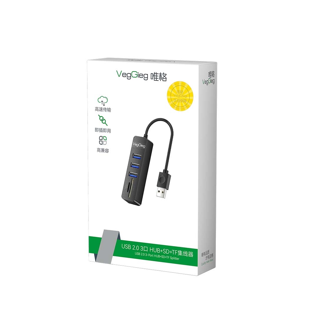 Hub USB2.0 ra 3 cổng USB2.0 + Đầu Đọc Thẻ (SD+TF) VegGieg V-C303
