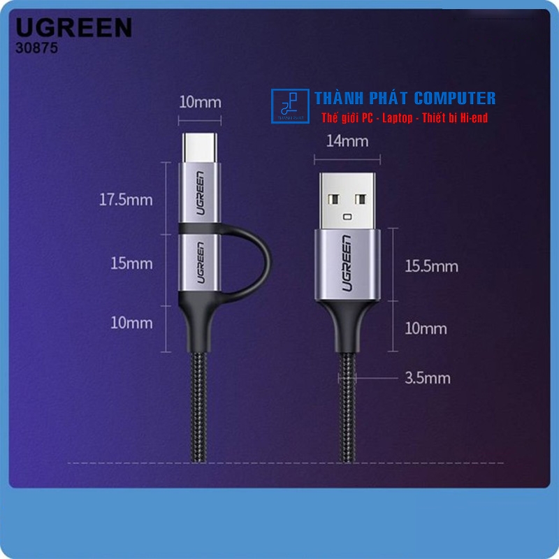 Cáp USB A sang Micro USB + Type-C dài 1m Ugreen 30875