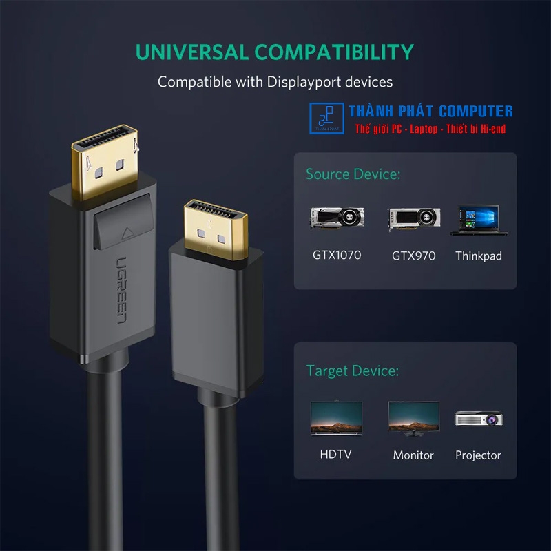 Cáp Displayport chuẩn 1.2 dài 3m 4K60Hz Ugreen 10212