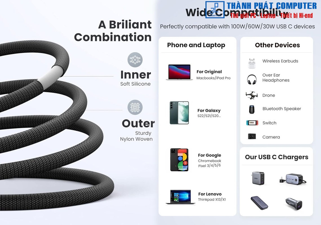 Cáp Type-C 100W Silicone bọc nylon dài 1m Ugreen 15275