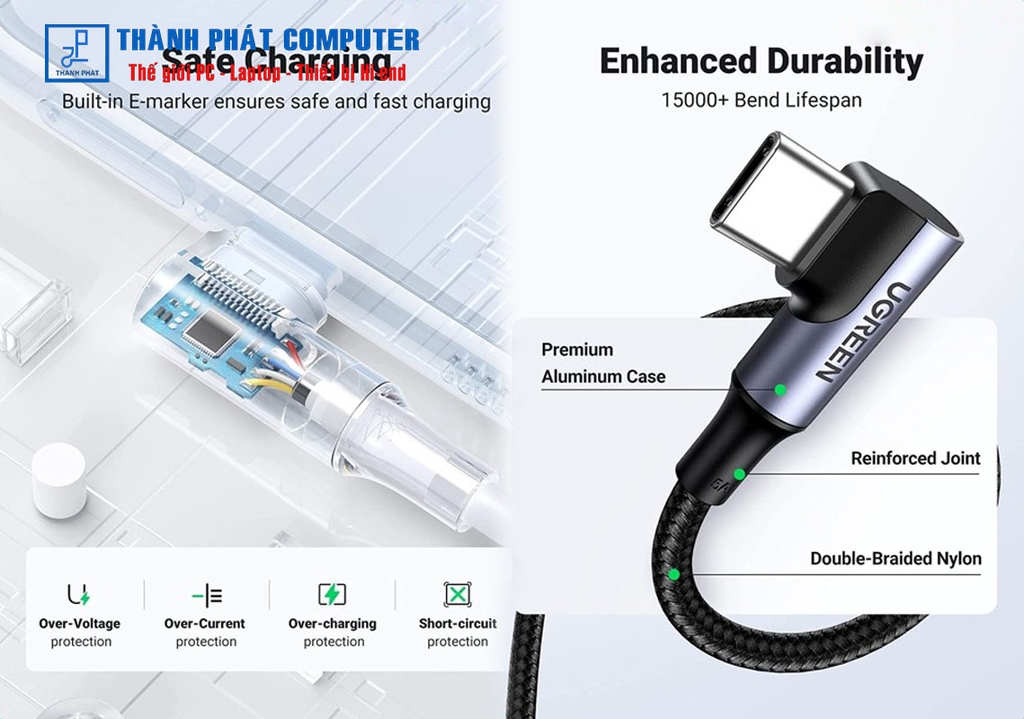 Cáp Type-C bẻ góc 2 đầu 90 độ dài 2m Ugreen 70698