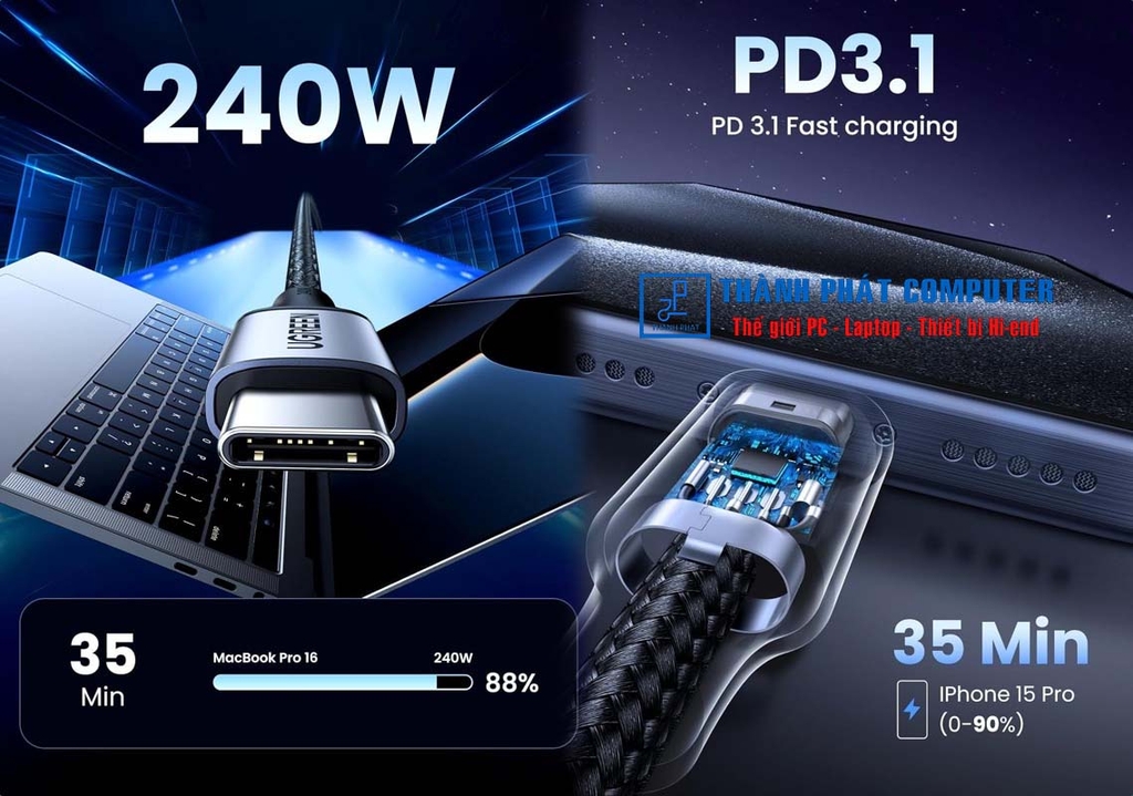 Cáp Type-C 240W bện nylon dài 1m Ugreen 15311