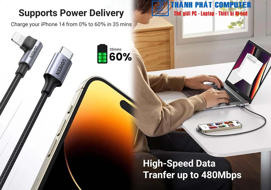 Cáp Type-C sang Lightning bẻ góc 90 độ dài 1,5m Ugreen 60764