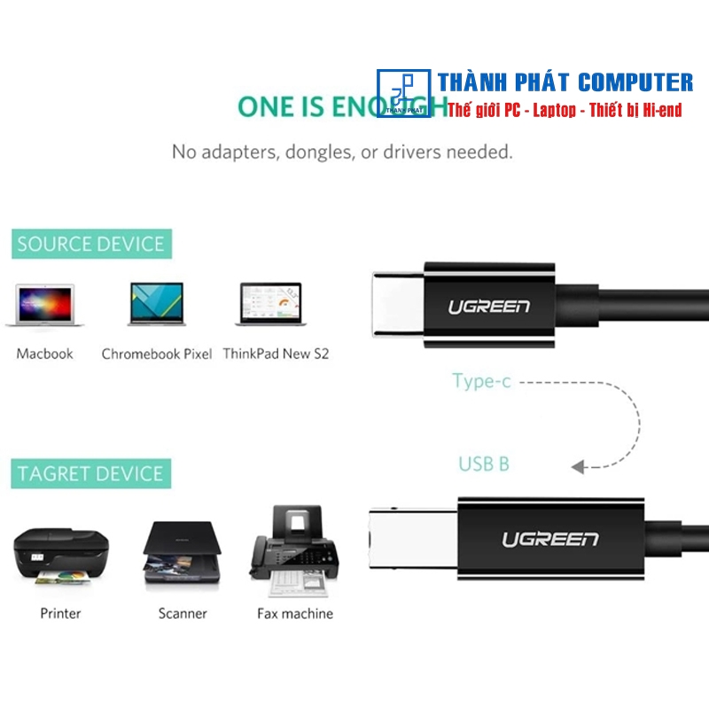 Cáp máy in USB 2.0 Type-C to Type-B dài 2m Ugreen 50446