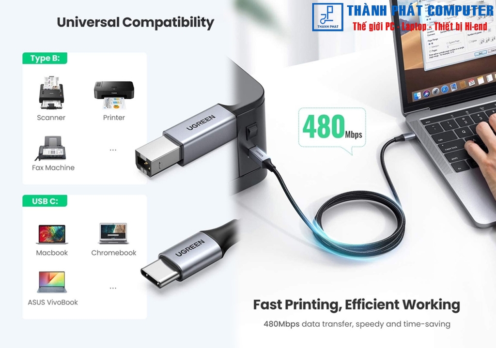 Cáp máy in USB Type-C bọc dù dài 3m Ugreen 80808
