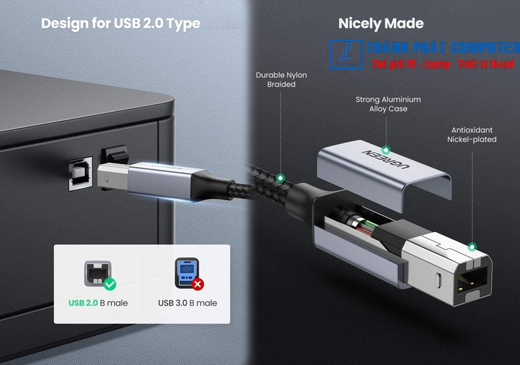 Cáp máy in USB Type-C bọc dù dài 3m Ugreen 80808