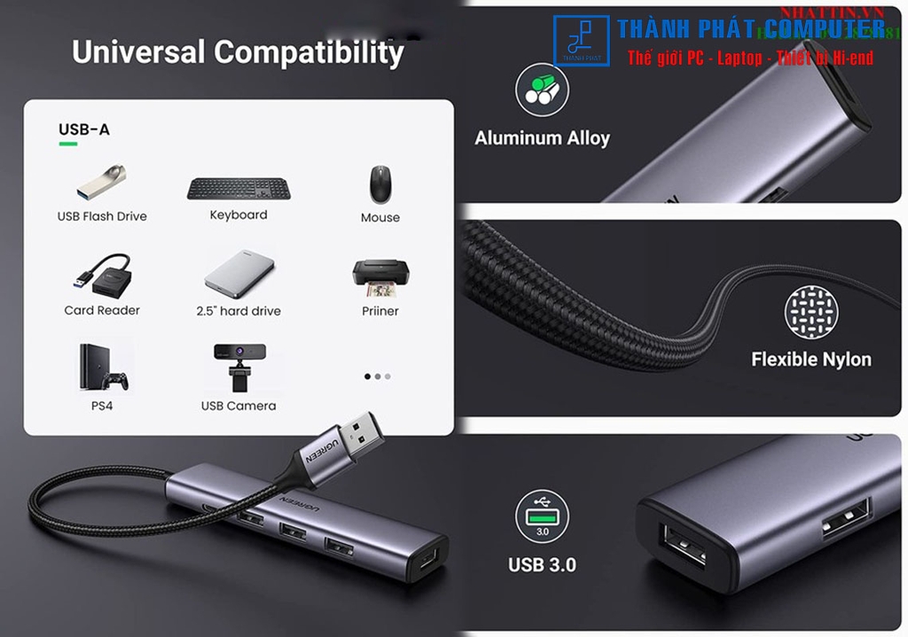 Hub chia USB 3.0 Type-A ra 4 cổng USB 3.0 vỏ nhôm Ugreen 20805