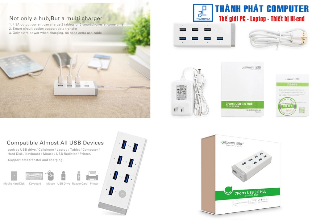 Bộ chia 7 cổng USB 3.0 kèm nguồn 12V/2A Ugreen 20296