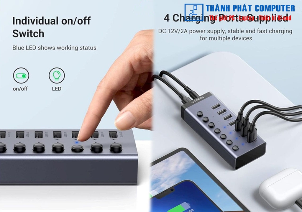 Bộ HUB chia 7 cổng USB 3.0 5Gbps vỏ nhôm, công tắc Ugreen 90305