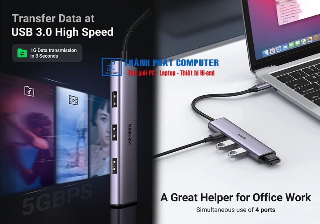 Hub USB Type-C ra 4 cổng USB 3.0 vỏ nhôm Ugreen 20841