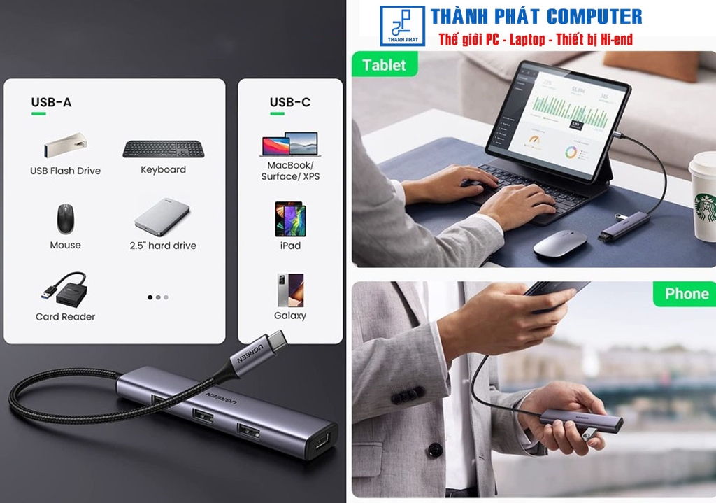 Hub USB Type-C ra 4 cổng USB 3.0 vỏ nhôm Ugreen 20841