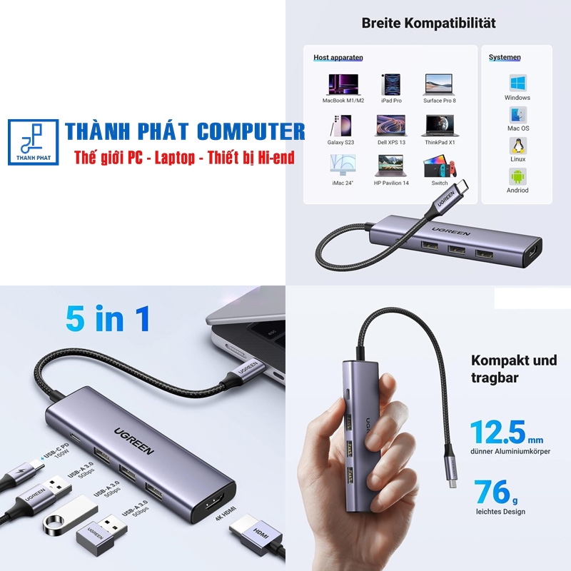 Hub Type-C 5 trong 1 HDMI 4K60z USB3.0 PD Ugreen 15597