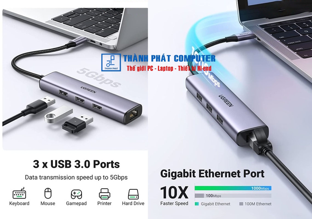 Hub Type-C vỏ nhôm USB 3.0 & Lan Gigabit Ugreen 60600