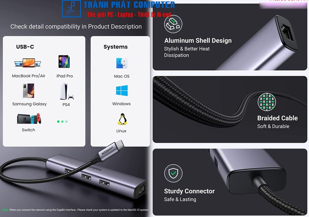 Hub Type-C vỏ nhôm USB 3.0 & Lan Gigabit Ugreen 60600