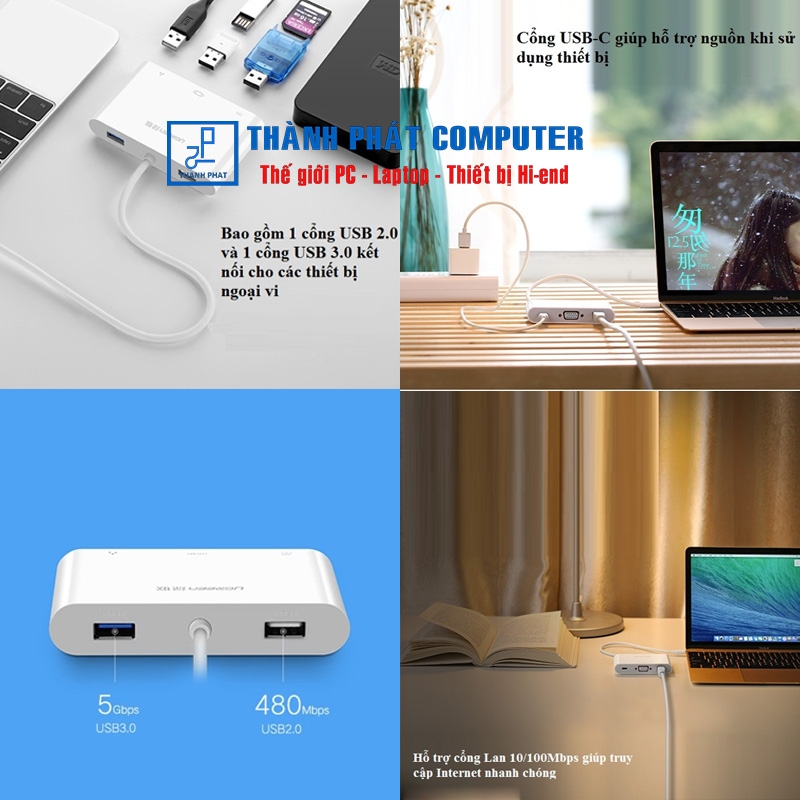 Hub Type-C sang VGA USB 2.0 Lan 100Mbps Ugreen 30439