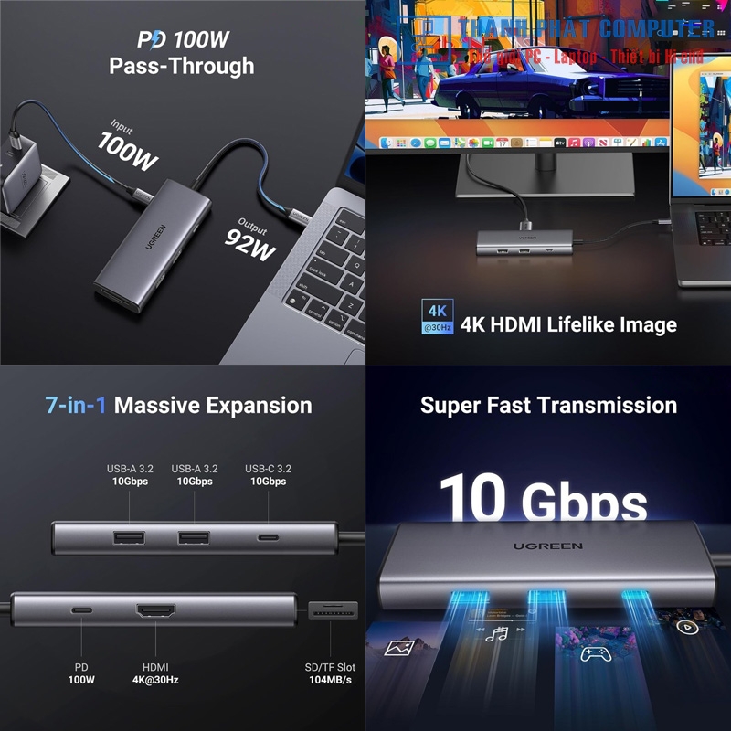 Hub Type-C 7 in 1 HDMI USB3.2 SD/TF  PD Ugreen 15531