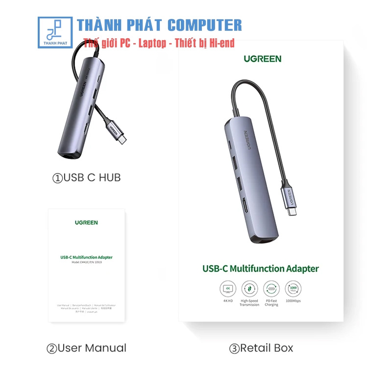 Hub Type-C 5 in 1 HDMI/ USB 3.0/ Lan Gigabit/ PD Ugreen 10919