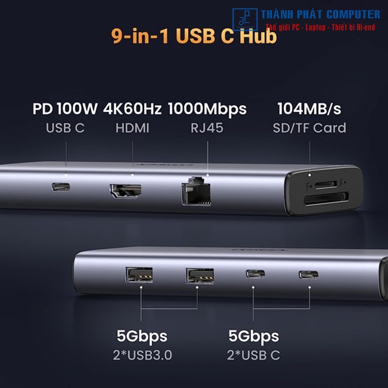 Hub Type-C  9 in 1 HDMI Lan USB 3.0 SD/TF PD Ugreen 15375