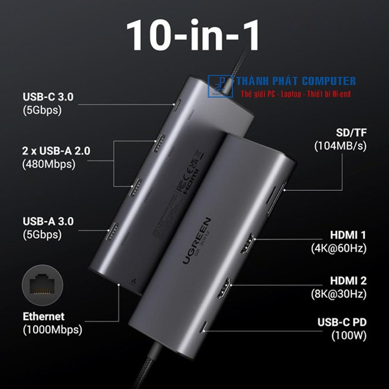Hub Type-C 10 in 1 Thunderbolt HDMI/USB/LAN/SD/TF/PD Ugreen 15534