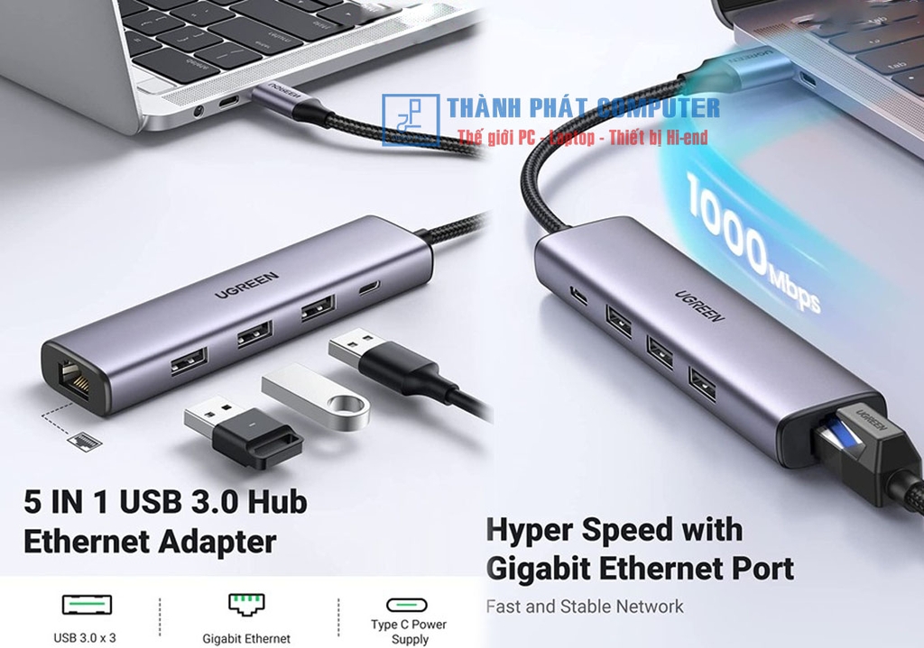 Hub 5 in 1 USB ra Lan 1000Mbps 3 Cổng USB 3.0 Ugreen 60554