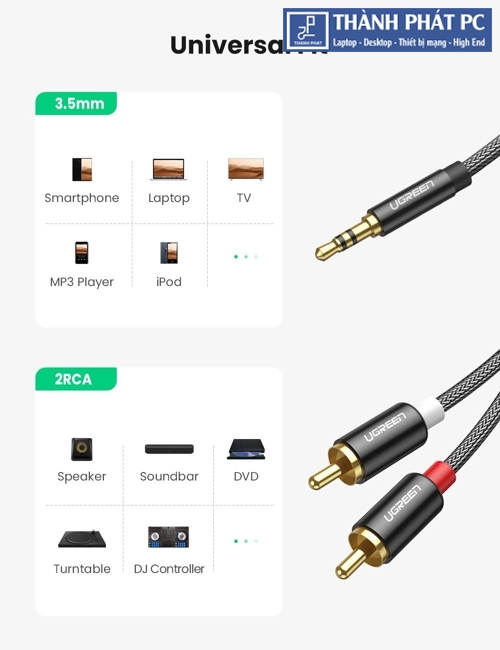Cáp âm thanh Audio 3.5mm ra 2 RCA dài 1m Ugreen 60240