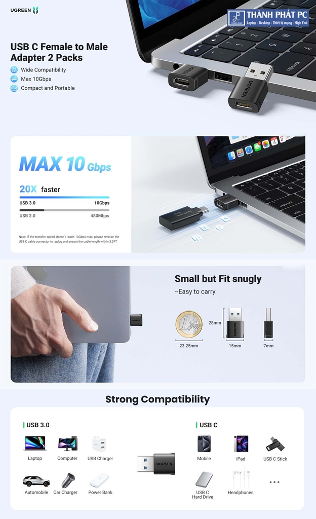 Đầu chuyển đổi USB-A sang USB-C 10Gbps Ugreen 45275 (2 chiếc)